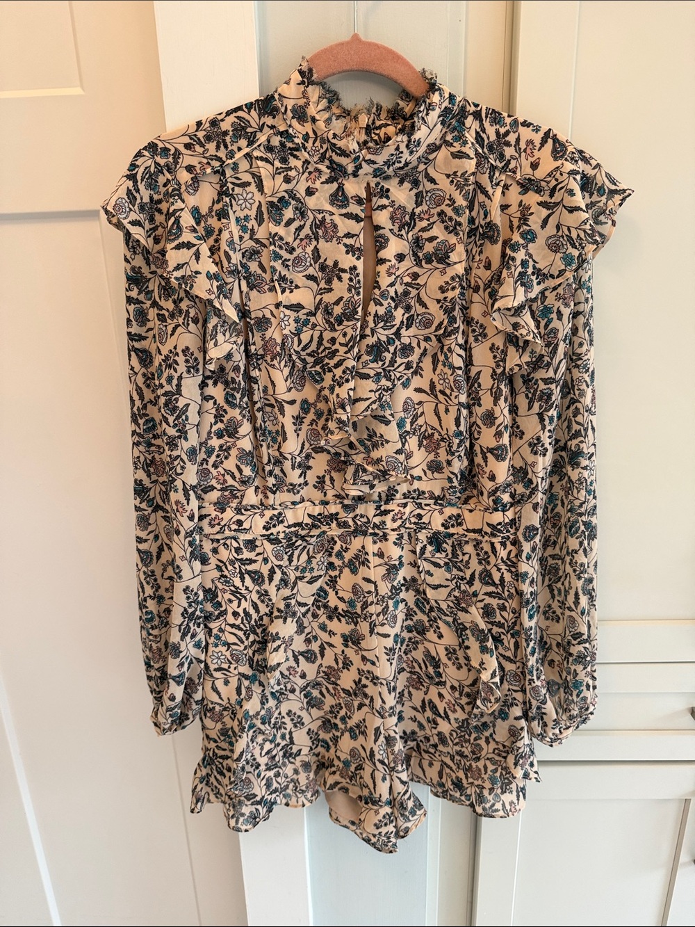 Bardot tan Floral Ruffle Long sleeve High-Neck romper